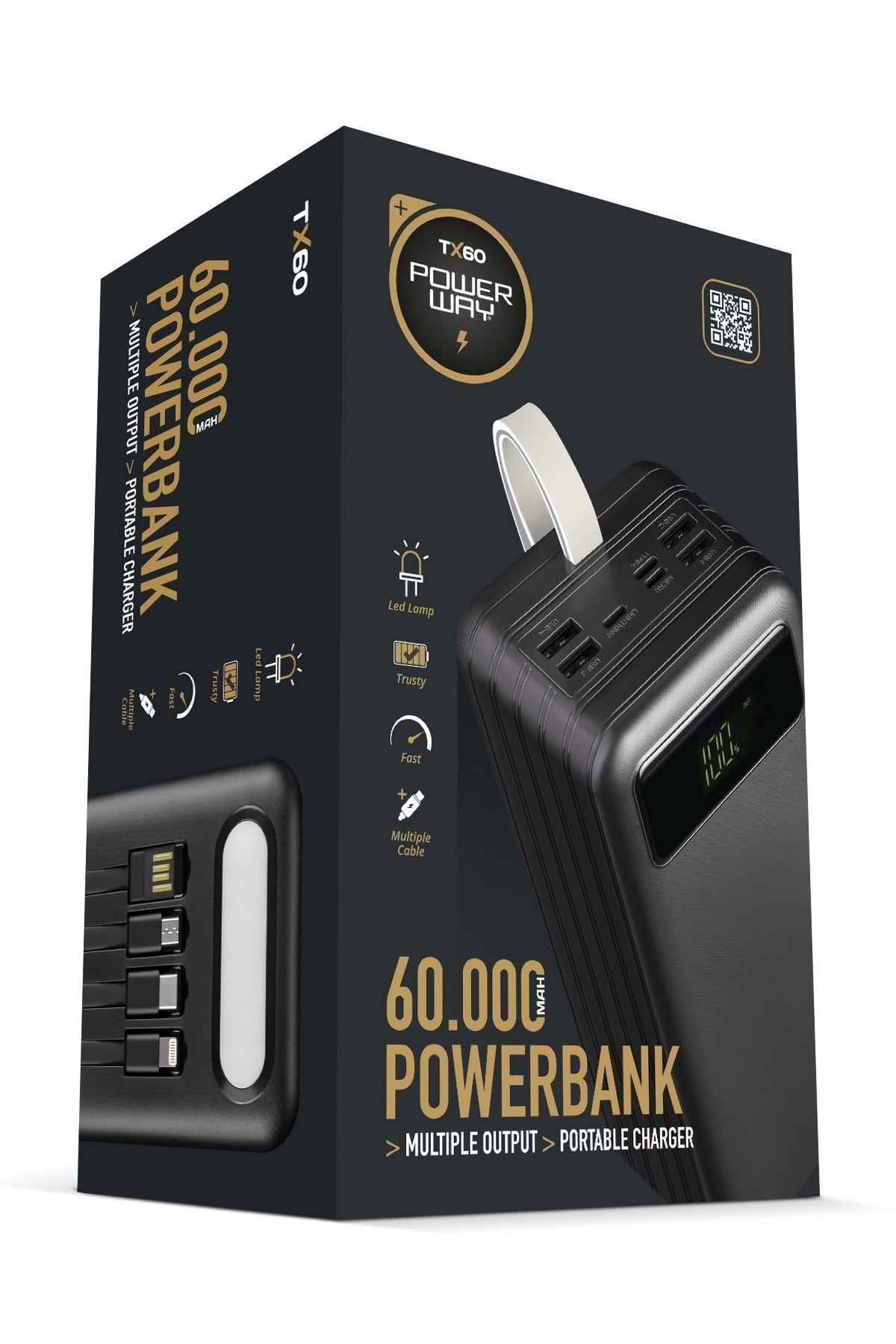 Powerway TX60 Siyah 60.000 mAh Çoklu Çıkış Dijital Göstergeli Ekstra Kablolu Powerbank