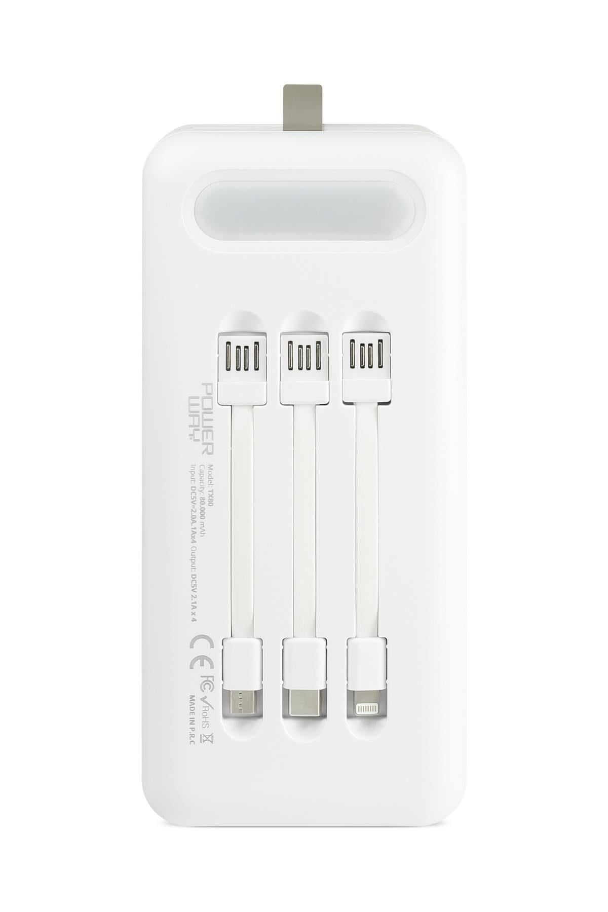 Powerway TX80 Beyaz 80.000 mAh Çoklu Çıkış Dijital Göstergeli Ekstra Kablolu Powerbank