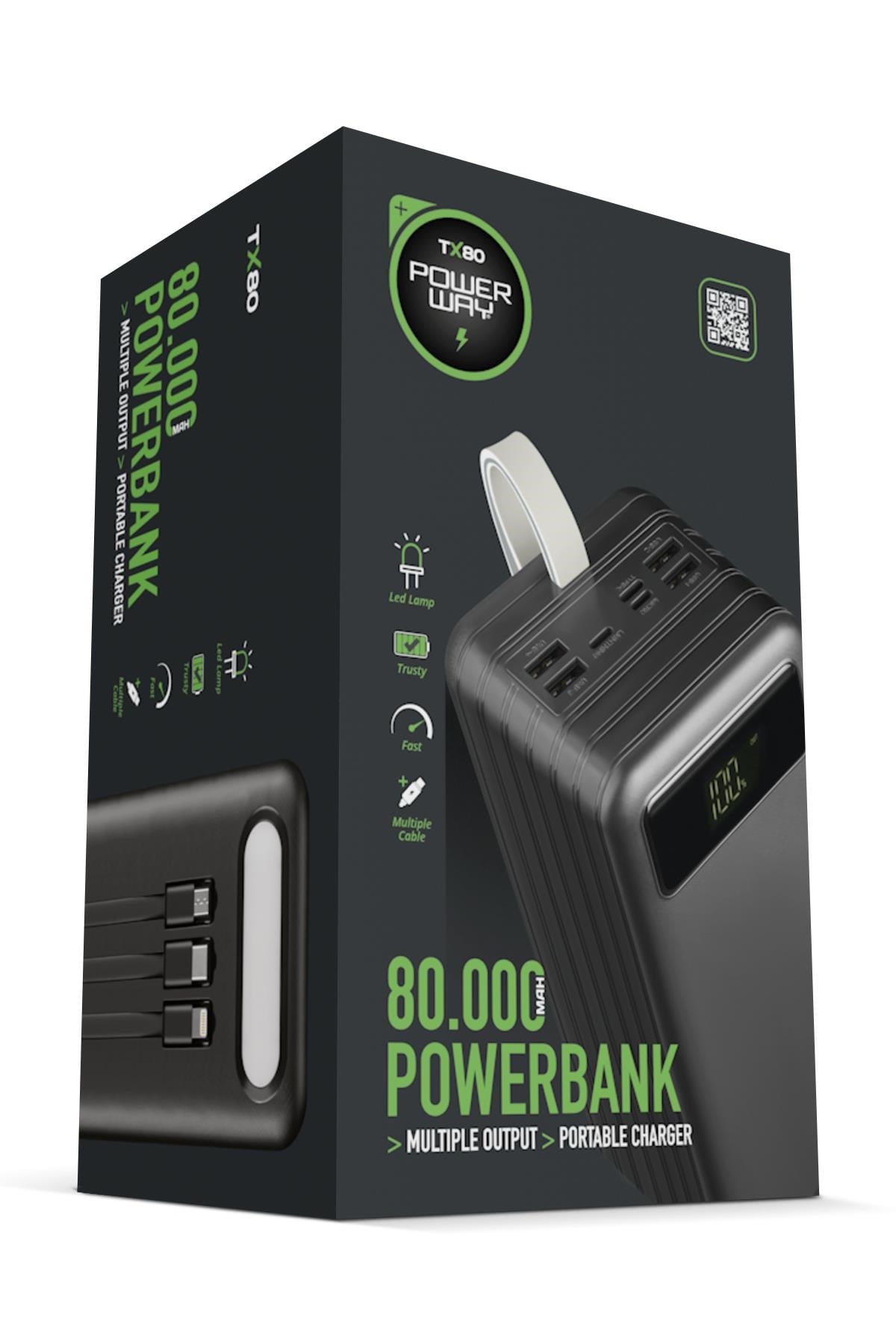 Powerway TX80 Siyah 80.000 mAh Çoklu Çıkış Dijital Göstergeli Ekstra Kablolu Powerbank