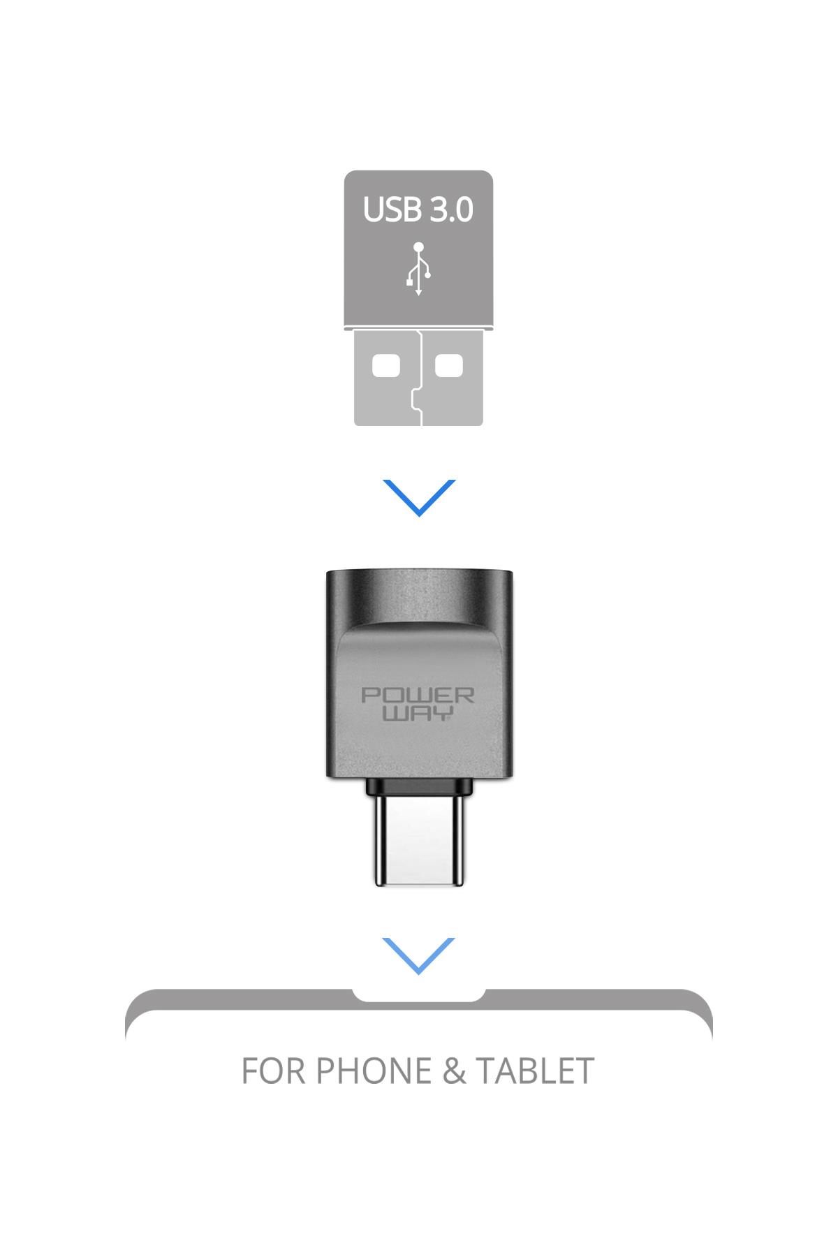 Powerway Mini Type-C Otg to Usb 3.0 Yüksek Hızlı Otg Çevirici Dönüştürücü Adaptör