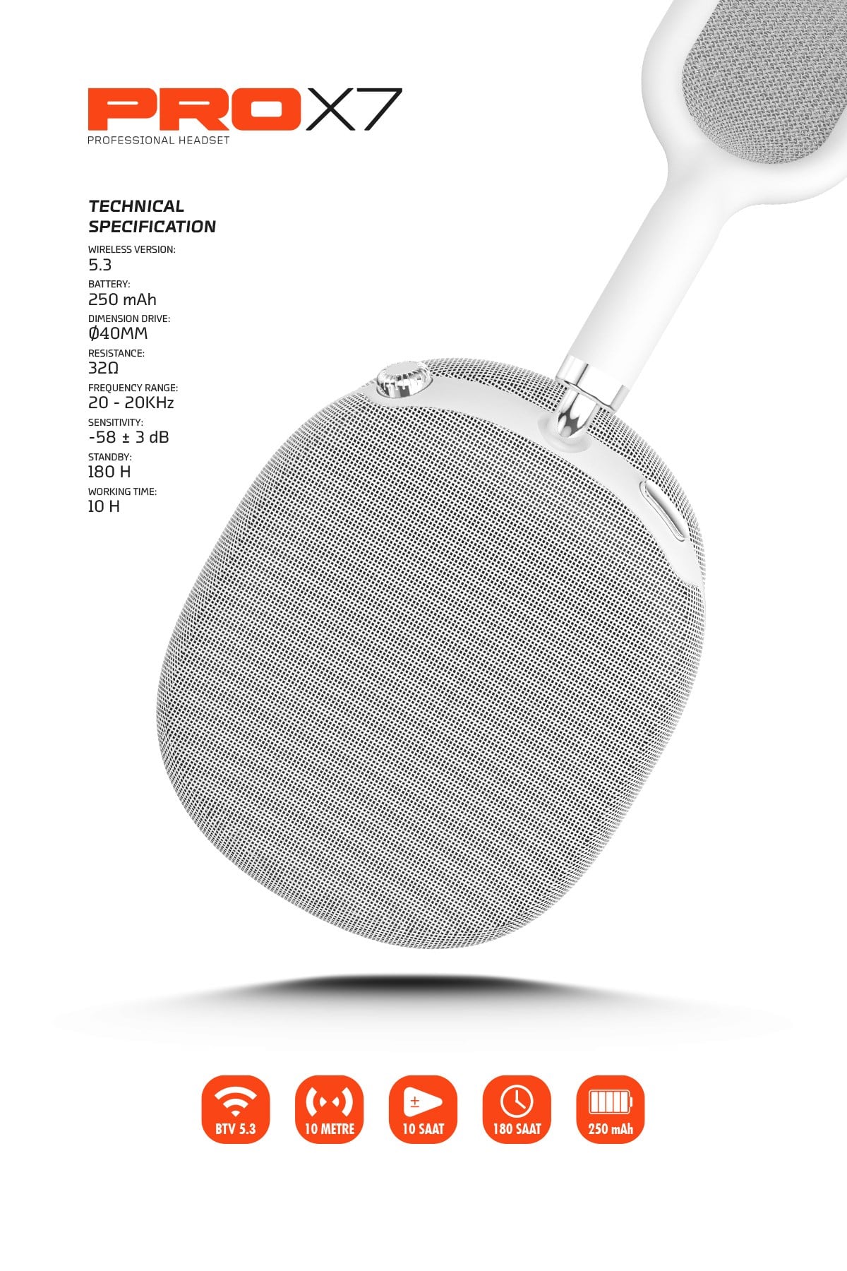 Prox7 Kulak Üstü Bluetooth Kulaklık BTV 5.3 250 mAh 10 Saat Çalışma 180 Saat Bekleme Süresi