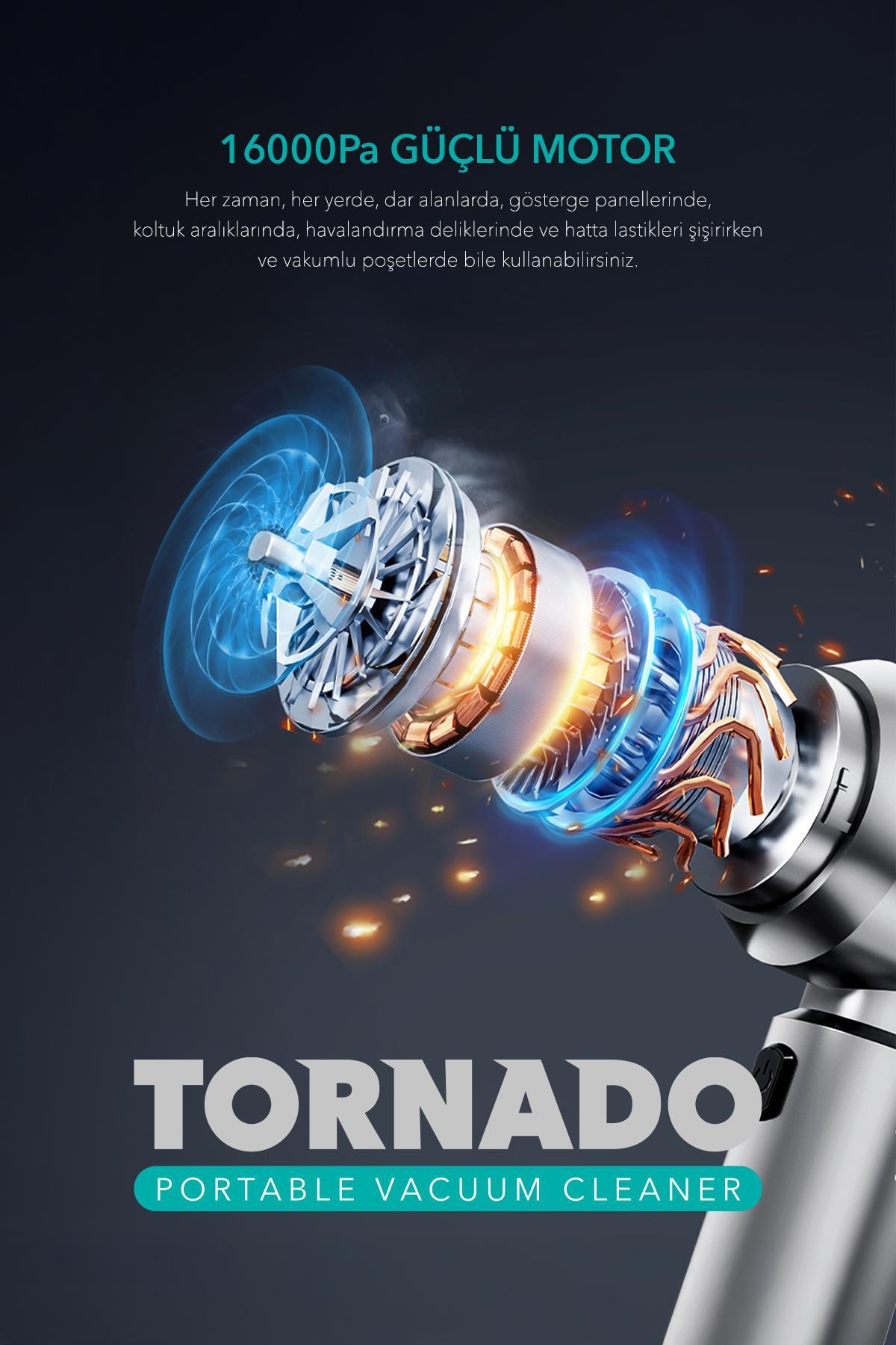 Tornado 100W Şarjlı Kablosuz Araç İçi Süpürge Gerçek 16000PA Güçlü Üfleme & Vakum Aksesuarlı Type-c