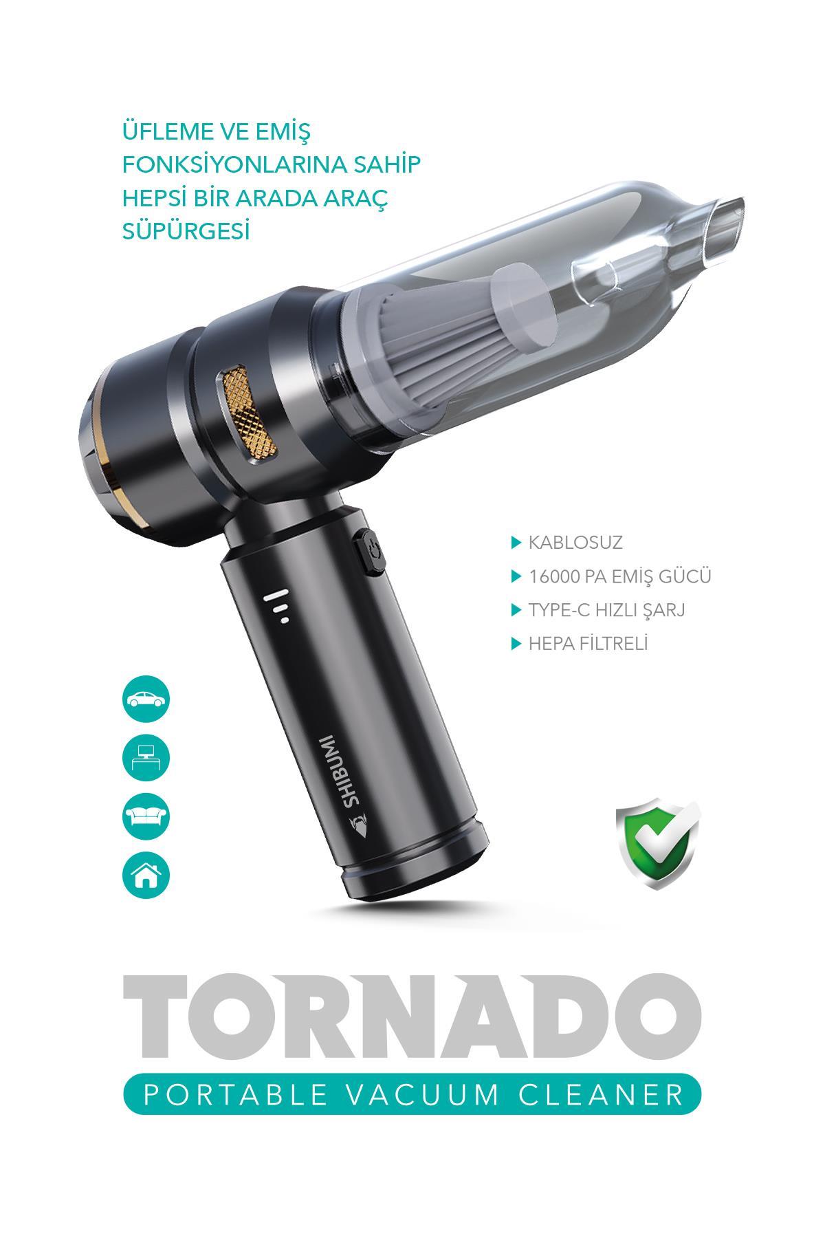 Tornado 100W Şarjlı Kablosuz Araç İçi Süpürge Gerçek 16000PA Güçlü Üfleme & Vakum Aksesuarlı Type-c
