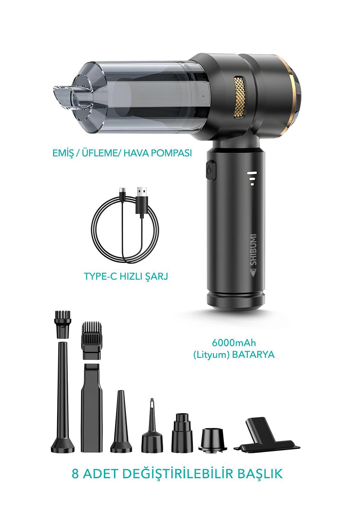 Tornado 100W Şarjlı Kablosuz Araç İçi Süpürge Gerçek 16000PA Güçlü Üfleme & Vakum Aksesuarlı Type-c