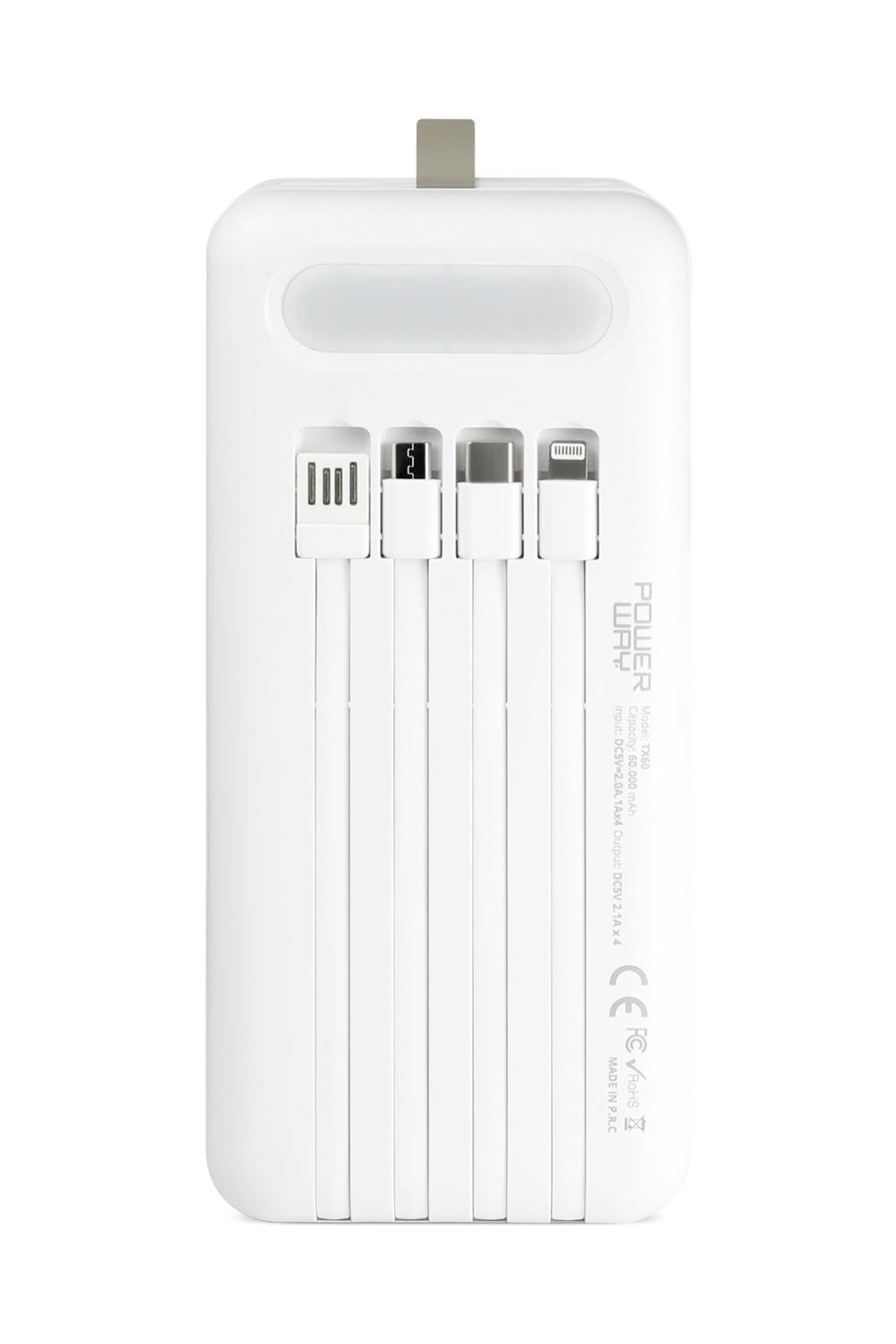 Powerway TX60 Beyaz 60.000 mAh Çoklu Çıkış Dijital Göstergeli Ekstra Kablolu Powerbank