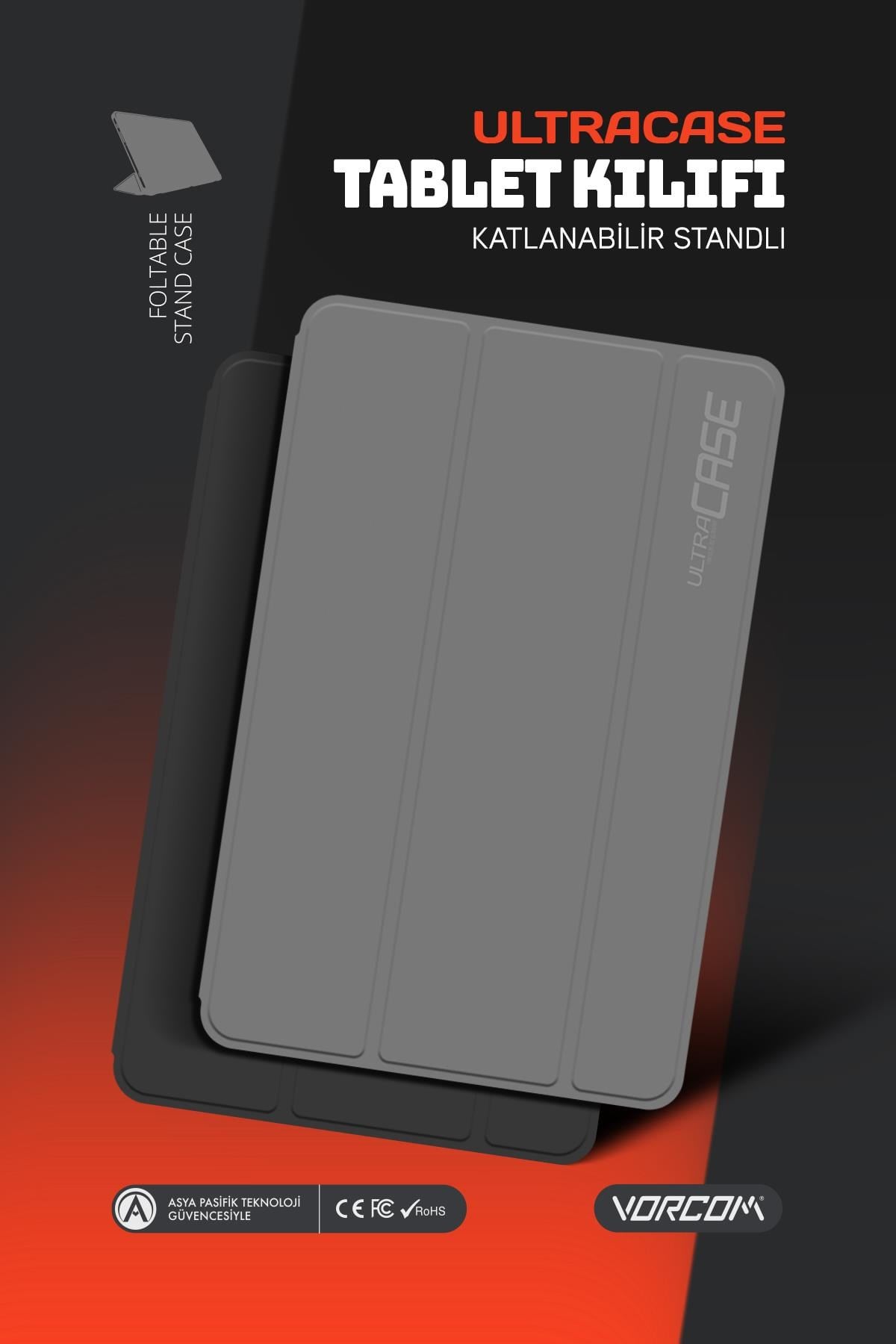 Vorcom UltraPad Kılıf Gri Katlanabilir Standlı ve Kapaklı 360 Ön Arka Tam Koruma