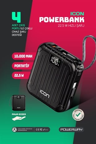 10.000 mAh PD 22.5 W Hızlı Şarj Gerçek 10.000 mAh Garantili Led Fener Dijital ICon Powerbank