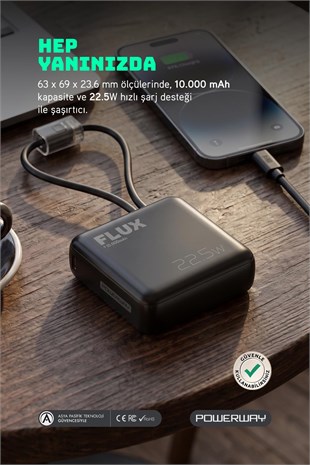 10.000 Mah PD 22.5W Hızlı Şarj Gerçek 10.000 mAh Garantili Flux Siyah Powerbank