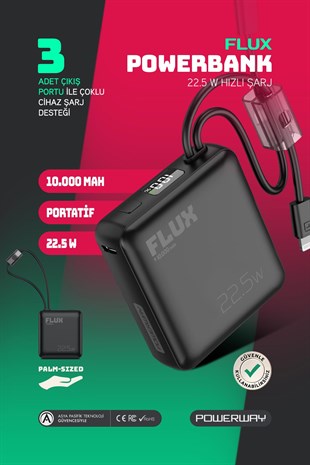 10.000 Mah PD 22.5W Hızlı Şarj Gerçek 10.000 mAh Garantili Flux Siyah Powerbank
