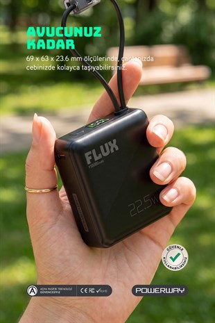 10.000 Mah PD 22.5W Hızlı Şarj Gerçek 10.000 mAh Garantili Flux Siyah Powerbank