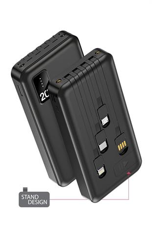Powerway TX209 Siyah 20.000 mAh Dijital Göstergeli Ekstra Kablolu Dahili Stand Powerbank