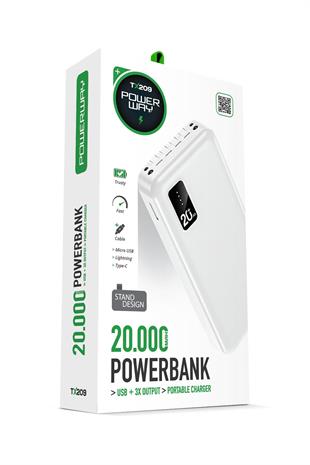 Powerway TX209 Beyaz 20.000 mAh Dijital Göstergeli Ekstra Kablolu Dahili Stand Powerbank