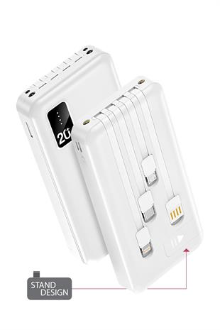 Powerway TX209 Beyaz 20.000 mAh Dijital Göstergeli Ekstra Kablolu Dahili Stand Powerbank