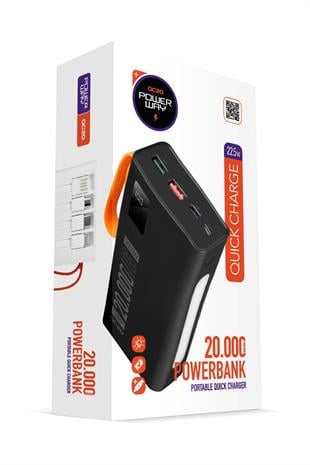 Powerway QC20 Siyah 20.000 Mah PD 22.5W Dahili Kablolu Hızlı Şarj Led Işıklı Powerbank