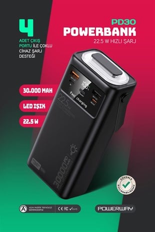 30.000 Mah Pd 22.5W Dahili Kablolu Hızlı Şarj Led Fener Gerçek 30.000 Mah PD30 Siyah Powerbank