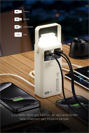 30.000 Mah Pd 22.5W Dahili Kablolu Hızlı Şarj Led Fener Gerçek 30.000 Mah PD30 Siyah Powerbank