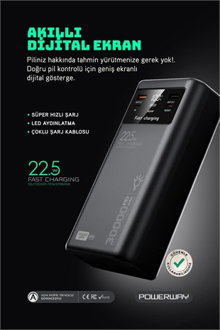 30.000 Mah Pd 22.5W Dahili Kablolu Hızlı Şarj Led Fener Gerçek 30.000 Mah PD30 Siyah Powerbank