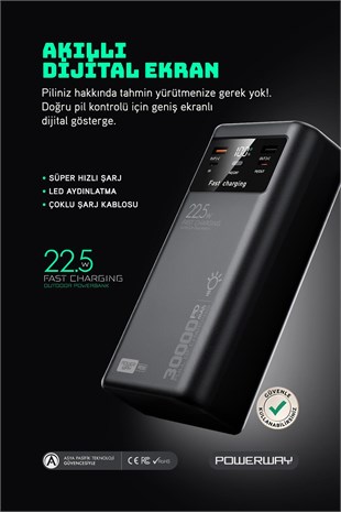 30.000 Mah Pd 22.5W Dahili Kablolu Hızlı Şarj Led Fener Gerçek 30.000 Mah PD30 Siyah Powerbank
