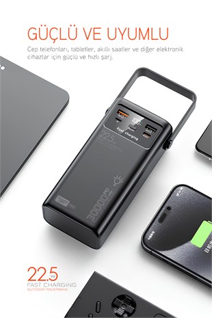 30.000 Mah Pd 22.5W Dahili Kablolu Hızlı Şarj Led Fener Gerçek 30.000 Mah PD30 Siyah Powerbank