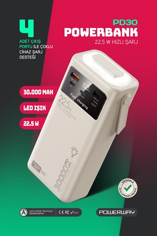 30.000 Mah Pd 22.5W Dahili Kablolu Hızlı Şarj Led Fener Gerçek 30.000 Mah PD30 Beyaz Powerbank