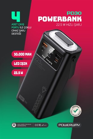 30.000 Mah Pd 22.5W Dahili Kablolu Hızlı Şarj Led Fener Gerçek 30.000 Mah PD30 Siyah Powerbank