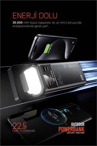 30.000 Mah Pd 22.5W Dahili Kablolu Hızlı Şarj Led Fener Gerçek 30.000 Mah PD30 Siyah Powerbank