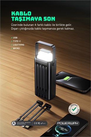 30.000 Mah Pd 22.5W Dahili Kablolu Hızlı Şarj Led Fener Gerçek 30.000 Mah PD30 Siyah Powerbank