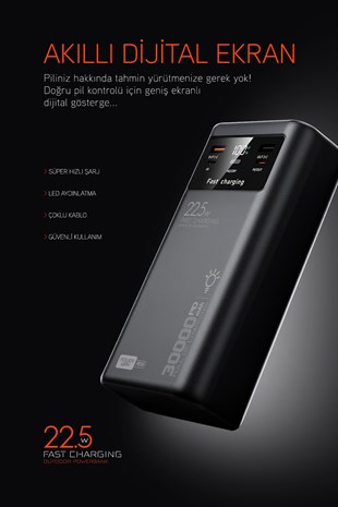 30.000 Mah Pd 22.5W Dahili Kablolu Hızlı Şarj Led Fener Gerçek 30.000 Mah PD30 Siyah Powerbank