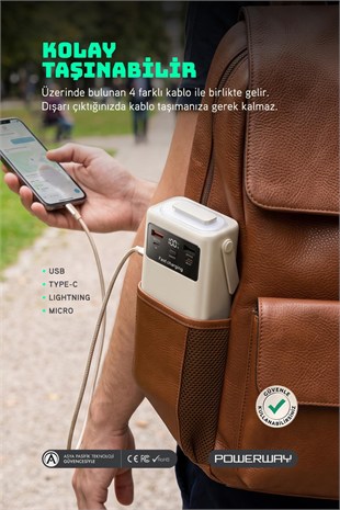 30.000 Mah Pd 22.5W Dahili Kablolu Hızlı Şarj Led Fener Gerçek 30.000 Mah PD30 Beyaz Powerbank
