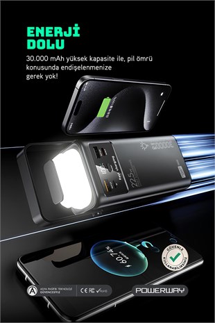 30.000 Mah Pd 22.5W Dahili Kablolu Hızlı Şarj Led Fener Gerçek 30.000 Mah PD30 Siyah Powerbank