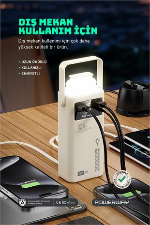 30.000 Mah Pd 22.5W Dahili Kablolu Hızlı Şarj Led Fener Gerçek 30.000 Mah PD30 Beyaz Powerbank
