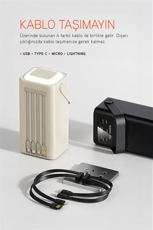 50.000 mAh PD 22.5W Hızlı Şarj Dahili Kablolu Kamp Taşınabilir Güç Kaynağı Siyah PD50 Powerbank