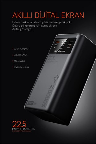 50.000 mAh PD 22.5w Hızlı Şarj Dahili Kablolu Kamp Taşınabilir Güç Kaynağı Beyaz PD50 Powerbank
