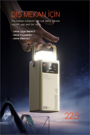 50.000 mAh PD 22.5W Hızlı Şarj Dahili Kablolu Kamp Taşınabilir Güç Kaynağı Siyah PD50 Powerbank