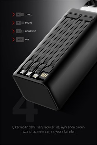 50.000 mAh PD 22.5W Hızlı Şarj Dahili Kablolu Kamp Taşınabilir Güç Kaynağı Siyah PD50 Powerbank