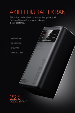 50.000 mAh PD 22.5W Hızlı Şarj Dahili Kablolu Kamp Taşınabilir Güç Kaynağı Siyah PD50 Powerbank