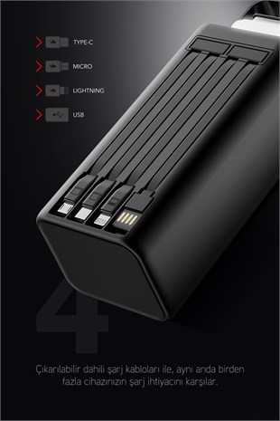50.000 mAh PD 22.5W Hızlı Şarj Dahili Kablolu Kamp Taşınabilir Güç Kaynağı Siyah PD50 Powerbank