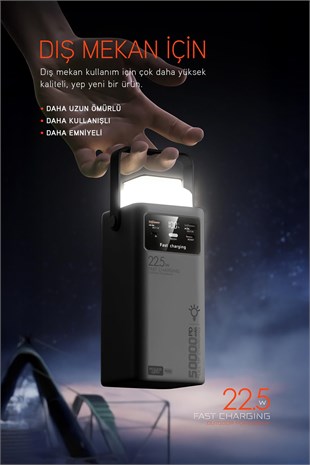 50.000 mAh PD 22.5w Hızlı Şarj Dahili Kablolu Kamp Taşınabilir Güç Kaynağı Beyaz PD50 Powerbank