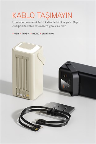 50.000 mAh PD 22.5W Hızlı Şarj Dahili Kablolu Kamp Taşınabilir Güç Kaynağı Siyah PD50 Powerbank