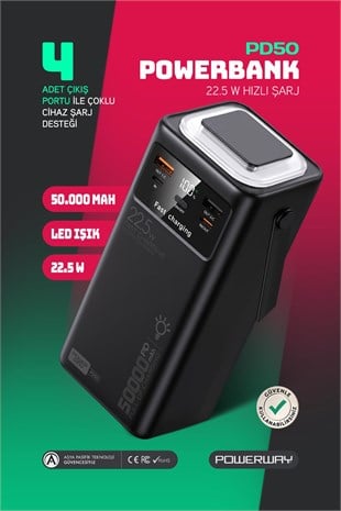 50.000 mAh PD 22.5W Hızlı Şarj Dahili Kablolu Kamp Taşınabilir Güç Kaynağı Siyah PD50 Powerbank