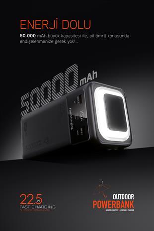 50.000 mAh PD 22.5W Hızlı Şarj Dahili Kablolu Kamp Taşınabilir Güç Kaynağı Siyah PD50 Powerbank