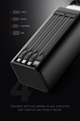 50.000 mAh PD 22.5W Hızlı Şarj Dahili Kablolu Kamp Taşınabilir Güç Kaynağı Siyah PD50 Powerbank