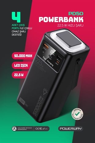 50.000 mAh PD 22.5W Hızlı Şarj Dahili Kablolu Kamp Taşınabilir Güç Kaynağı Siyah PD50 Powerbank