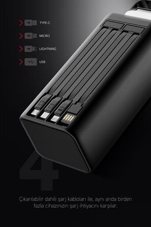 50.000 mAh PD 22.5W Hızlı Şarj Dahili Kablolu Kamp Taşınabilir Güç Kaynağı Siyah PD50 Powerbank