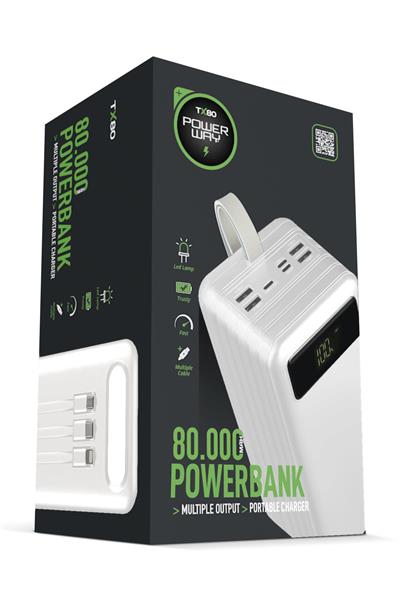 Powerway TX80 Beyaz 80.000 mAh Çoklu Çıkış Dijital Göstergeli Ekstra Kablolu Powerbank