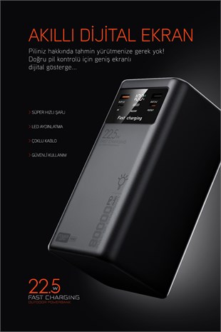80.000 mAh PD 22.5W Hızlı Şarj Dahili Kablolu Kamp Taşınabilir Güç Kaynağı Siyah PD80 Powerbank