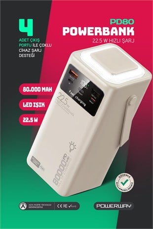 80.000 mAh PD 22.5W Hızlı Şarj Dahili Kablolu Kamp Taşınabilir Güç Kaynağı Beyaz PD80 Powerbank