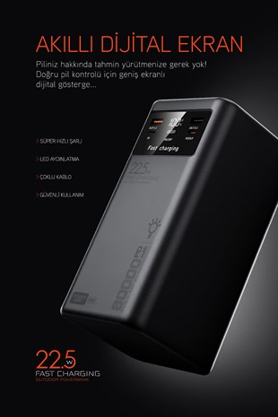 80.000 mAh PD 22.5W Hızlı Şarj Dahili Kablolu Kamp Taşınabilir Güç Kaynağı Beyaz PD80 Powerbank