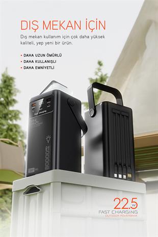 80.000 mAh PD 22.5W Hızlı Şarj Dahili Kablolu Kamp Taşınabilir Güç Kaynağı Siyah PD80 Powerbank