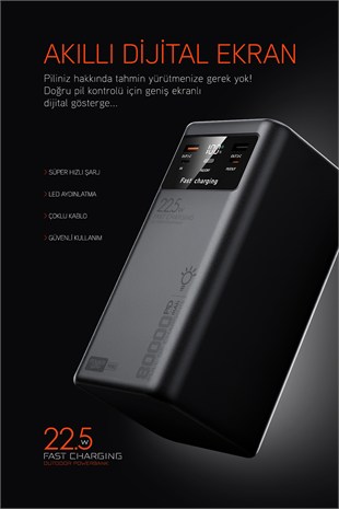 80.000 mAh PD 22.5W Hızlı Şarj Dahili Kablolu Kamp Taşınabilir Güç Kaynağı Siyah PD80 Powerbank